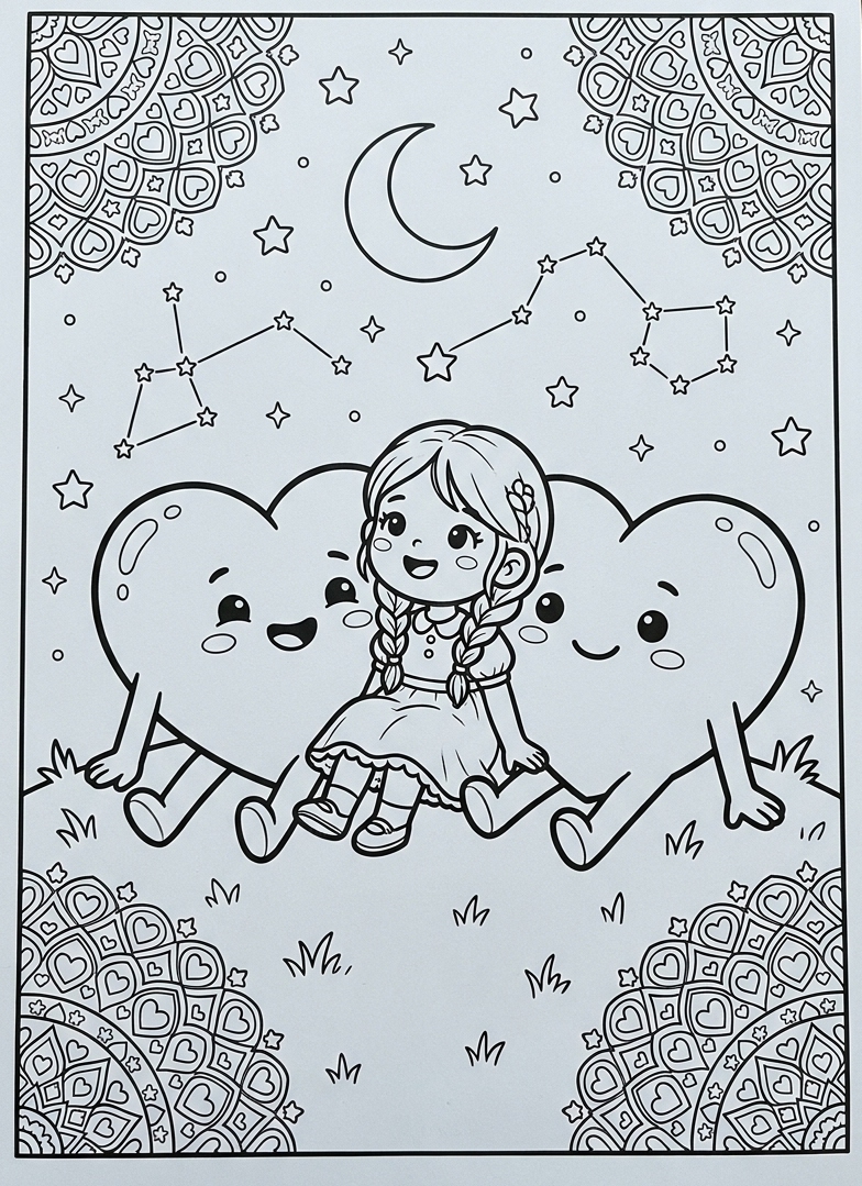 Cora no colo da família de coraçõezinhos, sob um céu estrelado com moldura decorativa.