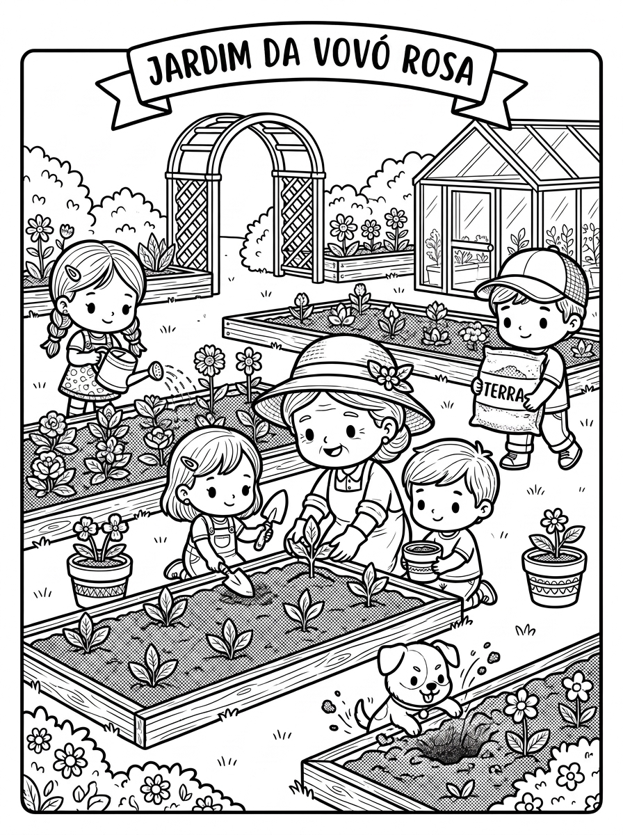 Desenho para colorir de Nina e Théo plantando flores com a Vovó Rosa no jardim, atividade para crianças de 7 anos