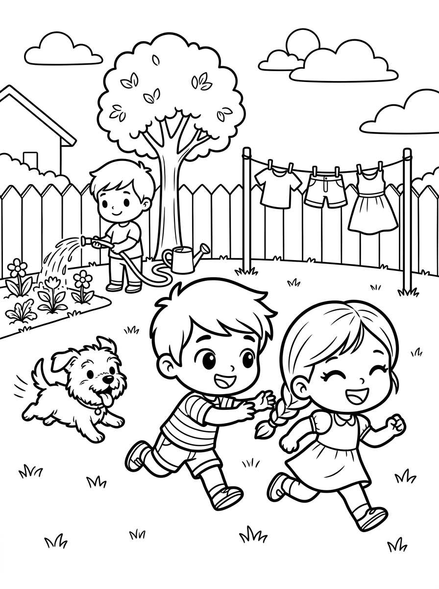 Desenho para colorir de Théo e Nina brincando de pega-pega no quintal com o cachorro Bolinha, atividade para crianças de 5 anos