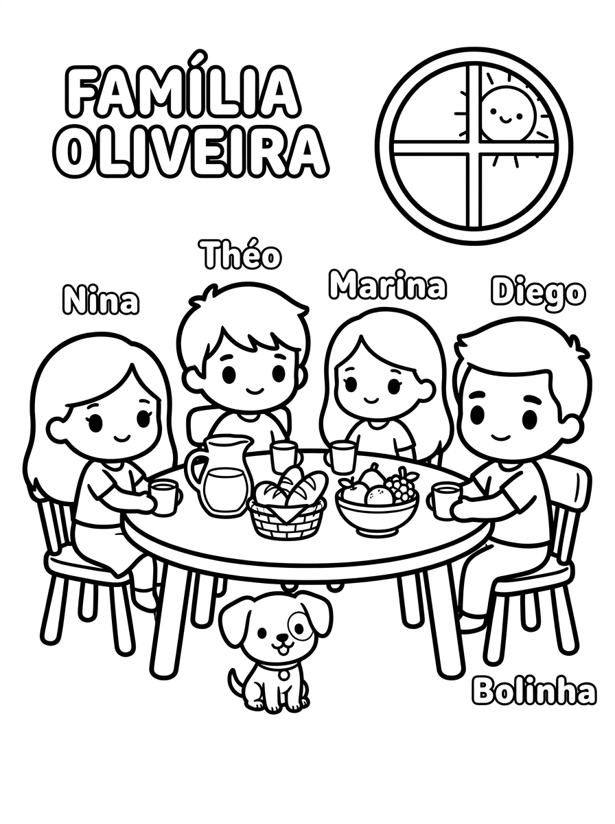 Desenho para colorir da Família Oliveira tomando café da manhã à mesa, traços grossos e simples, ideal para crianças de 4 anos