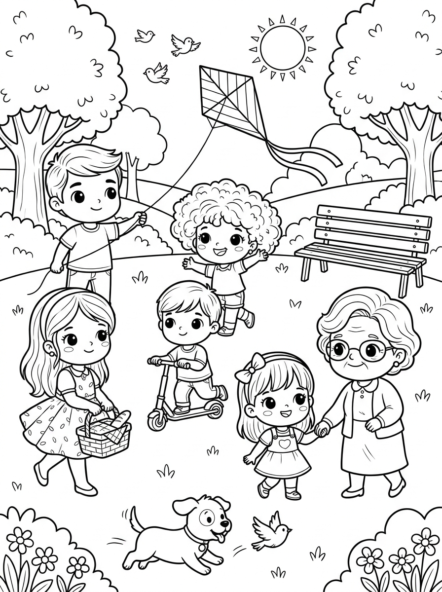Desenho para colorir da Família Oliveira passeando no parque com pipa, patinete e a avó, cena para crianças de 6 anos