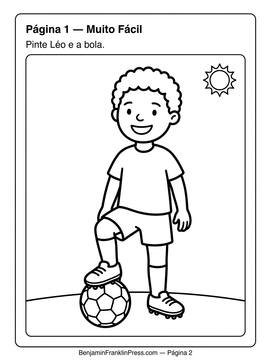  Desenho simples de um jogador de futebol sorrindo com a bola no pé, ideal para colorir com crianças de 3 a 4 anos.
