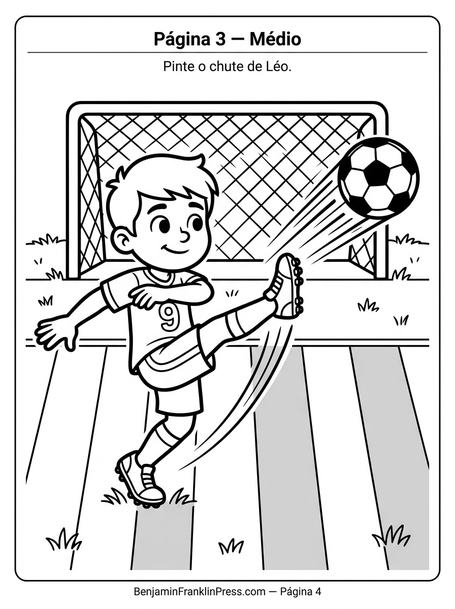 Desenho de um jogador de futebol chutando a bola em direção à trave, para colorir com crianças de 5 a 6 anos.