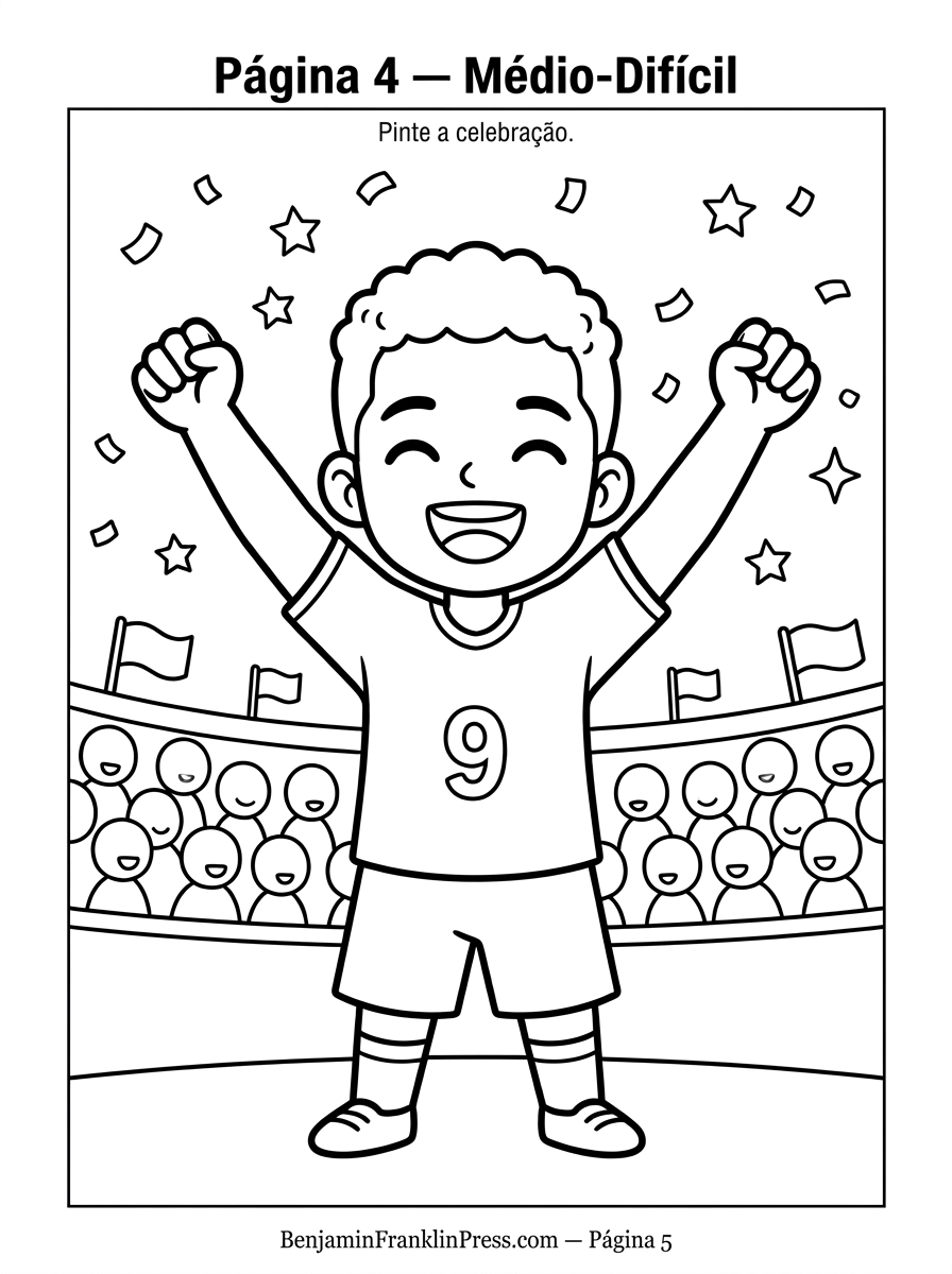 Desenho de um jogador de futebol comemorando um gol com os braços erguidos, para colorir com crianças de 6 a 7 anos.