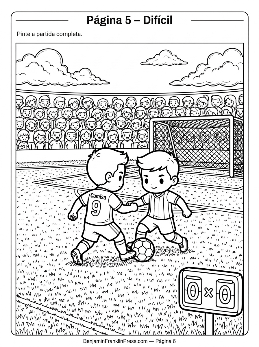 disputando a bola em campo completo com arquibancada, para colorir com crianças de 7 a 8 anos.