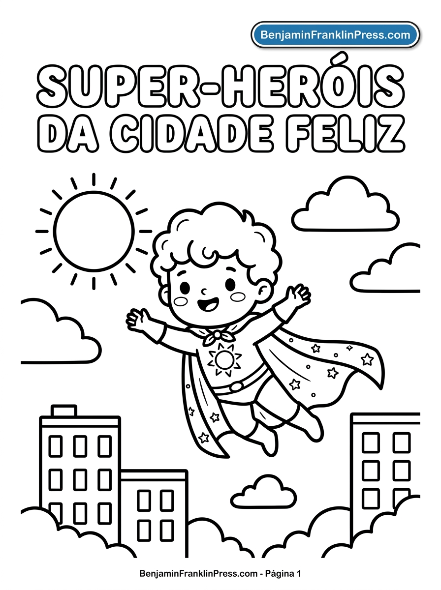 Desenho de super-herói para colorir mostrando o Capitão Aurora voando sobre a cidade ao amanhecer