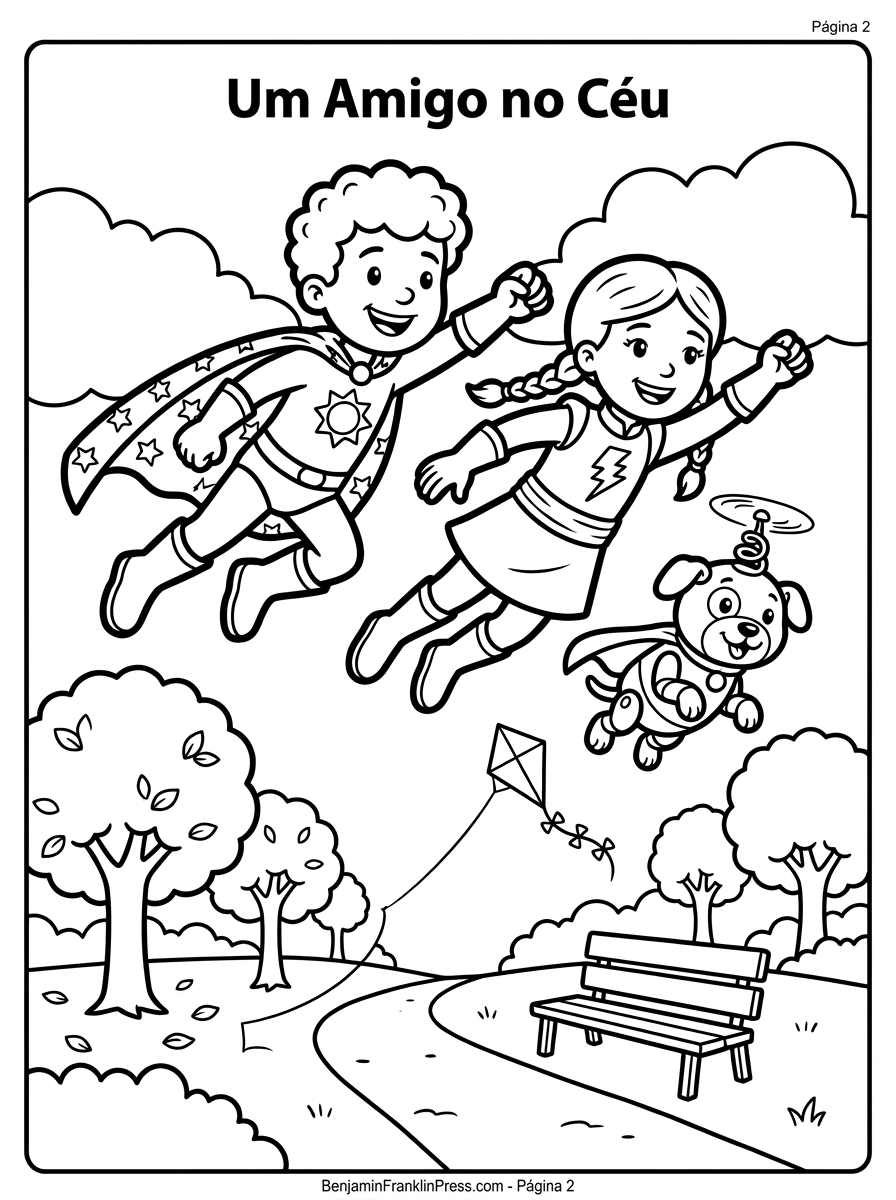 Desenho de super-heróis para colorir com Ventania e o cachorrinho Fagulha voando no parque