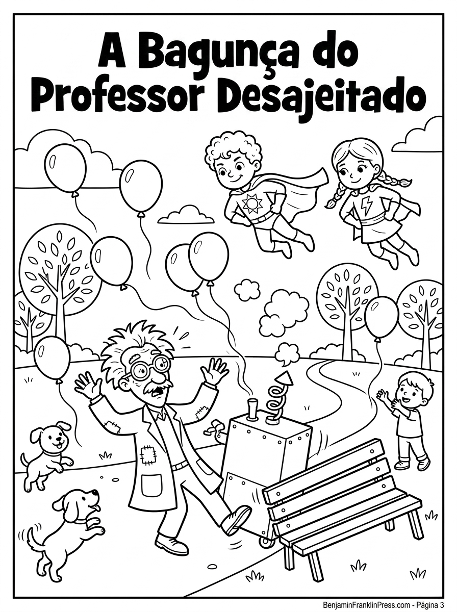 Desenho de super-heróis para colorir do Professor Trapalhão derrubando balões na praça
