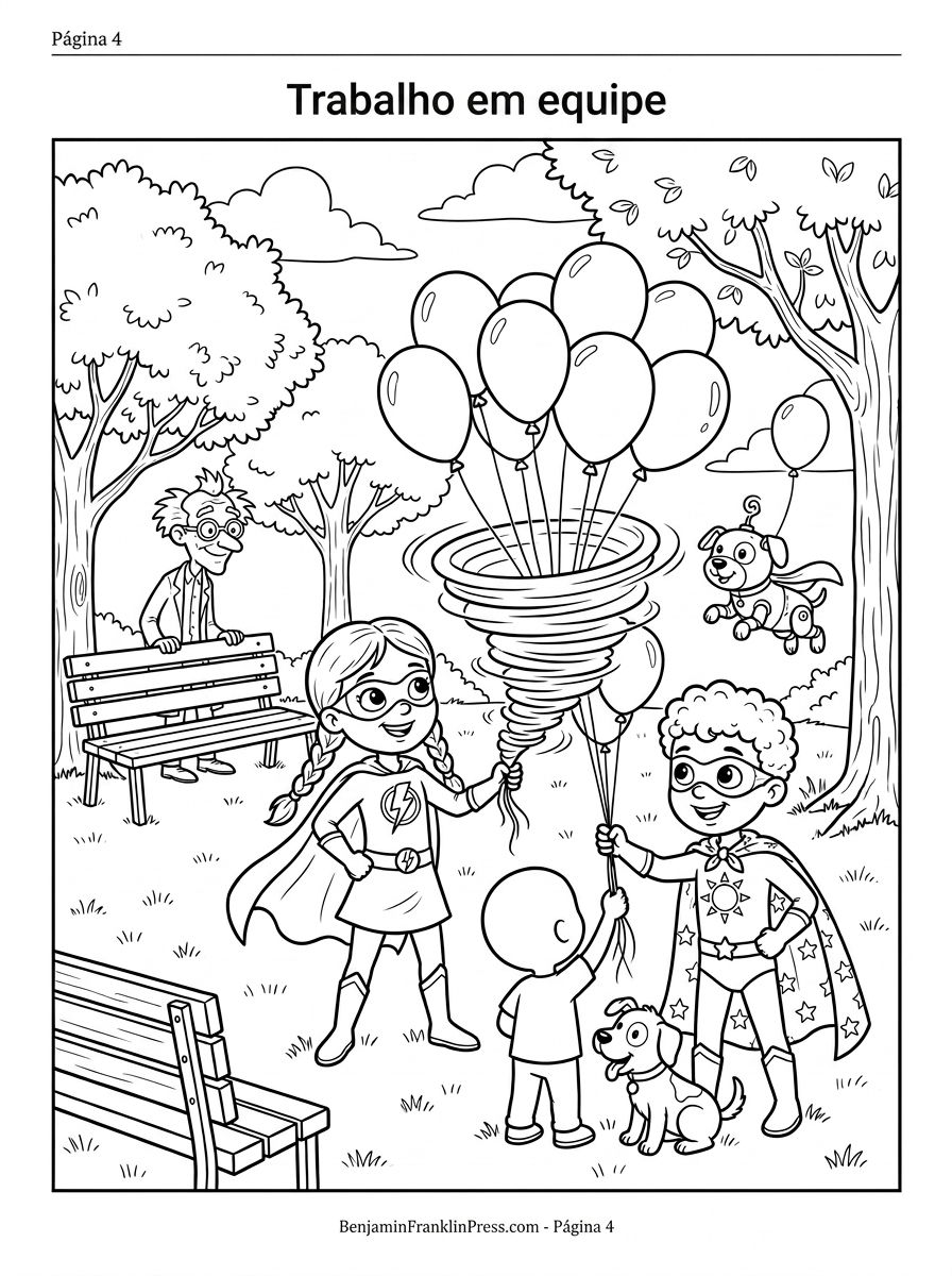 Desenho de super-heróis para colorir com Ventania e Capitão Aurora recolhendo balões