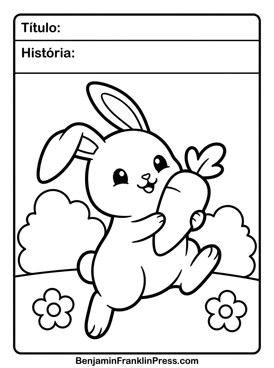 Desenho para colorir animais: coelhinho fofo pulando com uma cenoura, estilo chibi