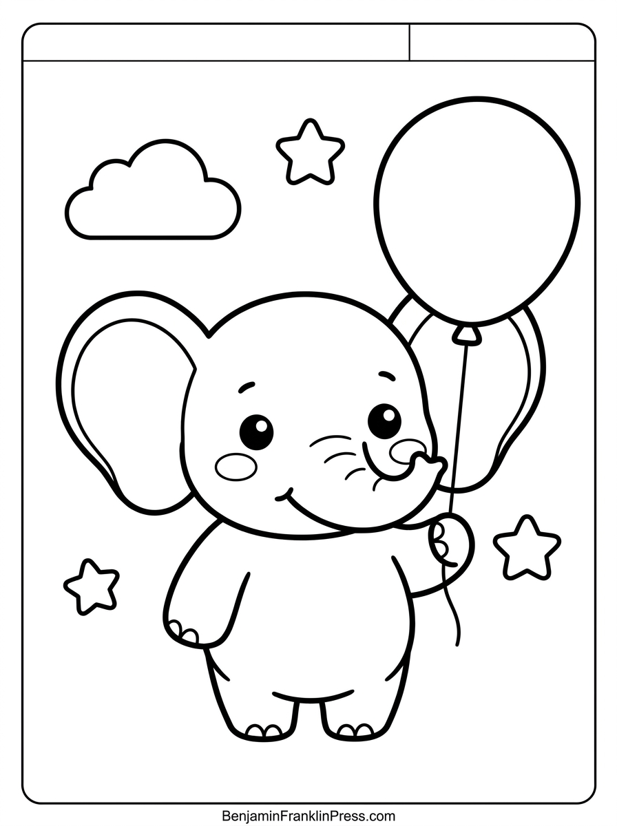 Desenho para colorir animais: elefantinho fofo segurando um balão, estilo chibi para crianças