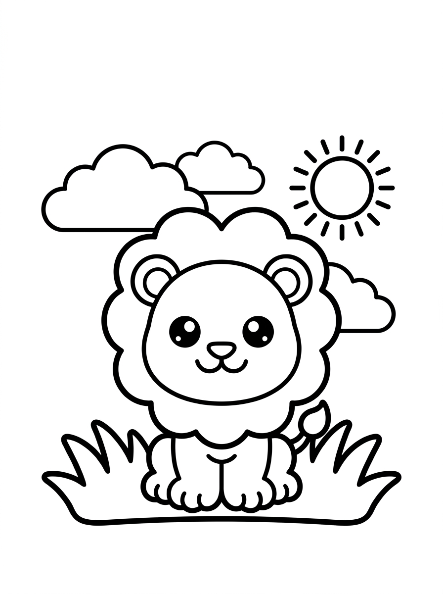 Desenho para colorir animais: leãozinho fofo sentado no estilo chibi, ideal para crianças pequenas