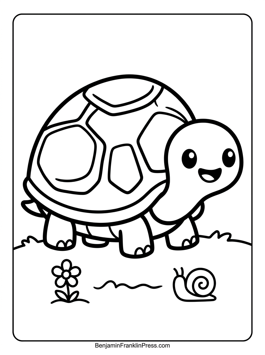 Desenho para colorir animais: tartaruguinha sorridente com casco simples, estilo chibi
