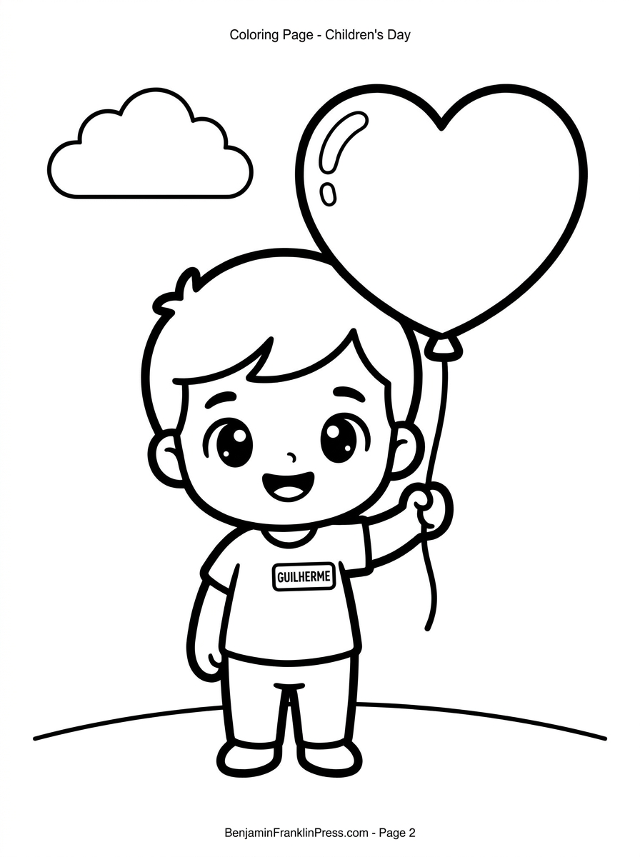 Desenho para colorir dias das crianças – menino sorridente segurando balão em formato de coração, ilustração simples para os pequenininhos