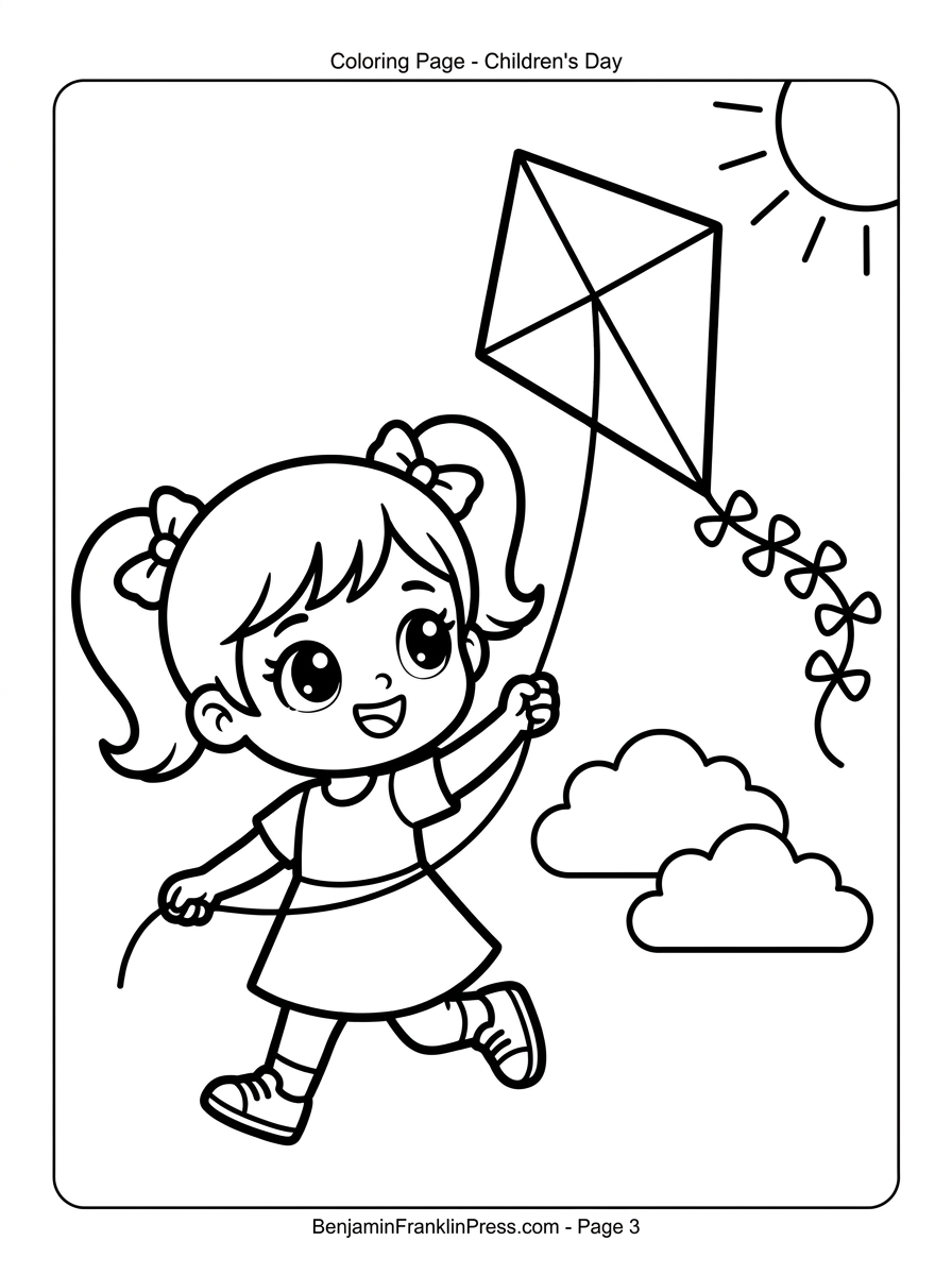 Desenho para colorir dias das crianças – menina soltando pipa no céu com sol e nuvens ao fundo