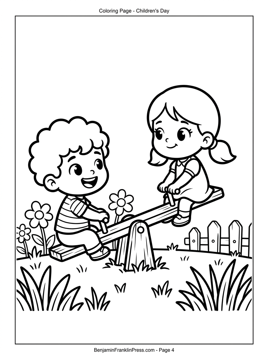 Desenho para colorir dias das crianças – dois amigos brincando juntos na gangorra do parquinho