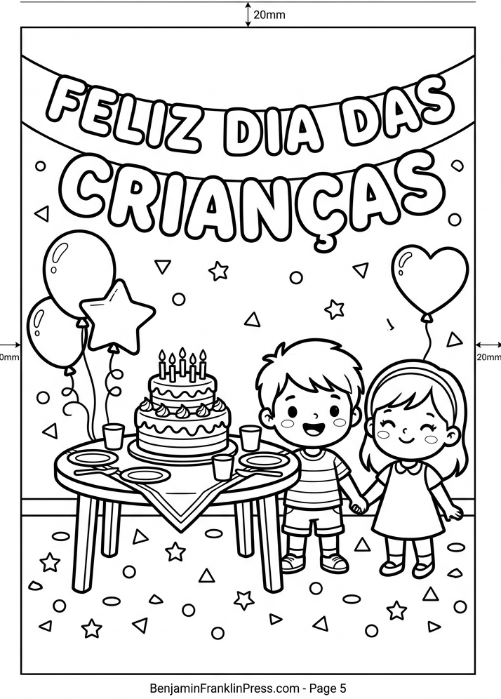 Desenho para colorir dias das crianças – festa infantil com bolo, balões e faixa escrita Feliz Dia das Crianças