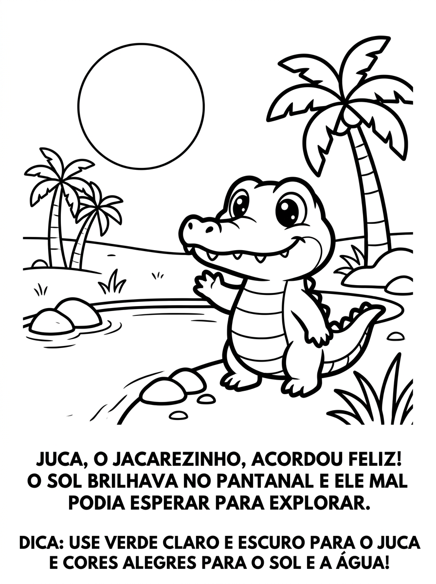 Desenho para colorir de jacaré no Pantanal ao amanhecer, personagem Juca se espreguiçando ao lado do rio