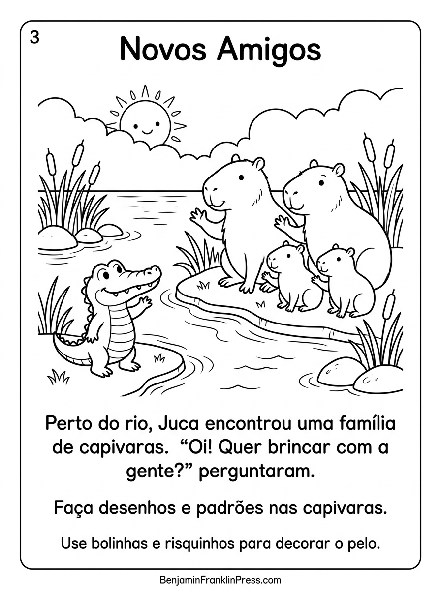 Desenho para colorir de jacaré e capivaras brincando à beira do rio no Pantanal