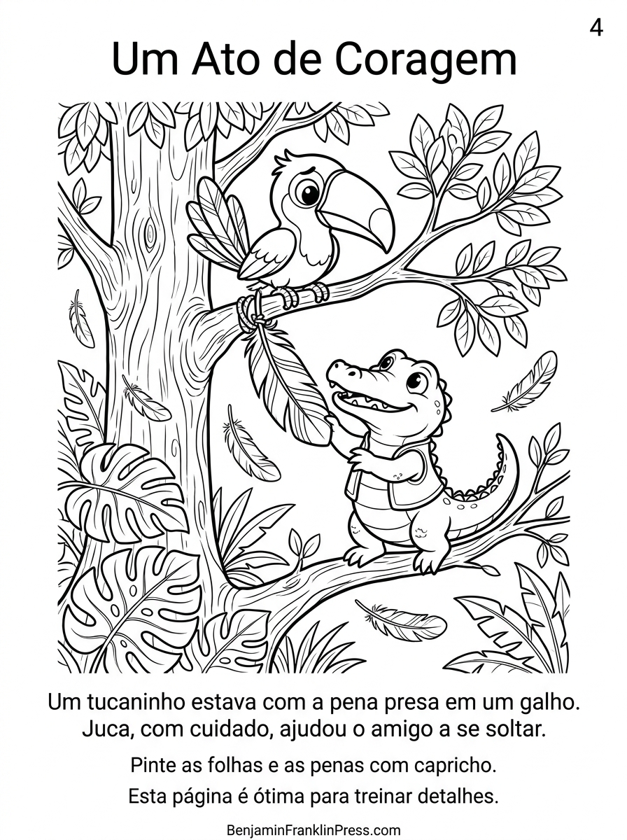 Desenho para colorir de jacaré ajudando um tucaninho preso em um galho de árvore