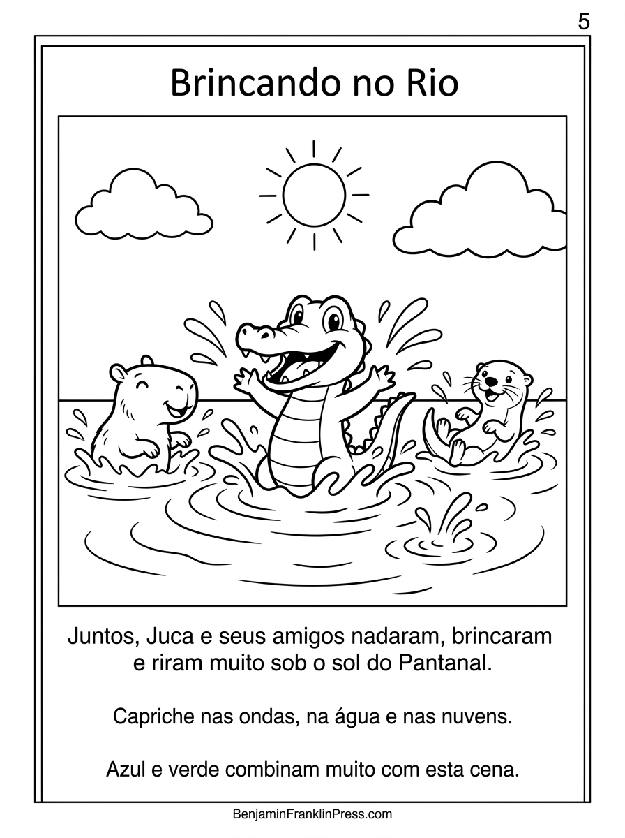 Desenho para colorir de jacaré nadando e brincando com amigos no rio do Pantanal