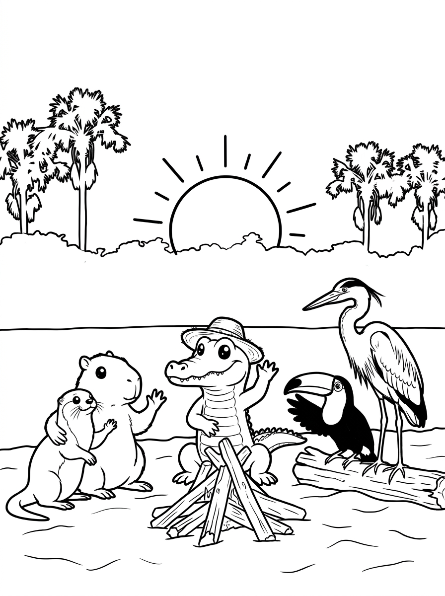 Reunido com amigos animais ao pôr do sol no Pantanal