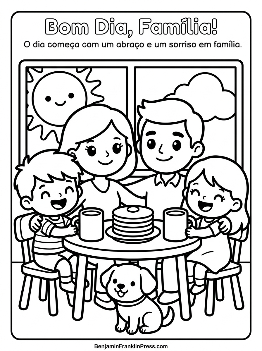 Desenho de família para colorir, estilo chibi fofo, mostrando pais e filhos tomando café da manhã juntos à mesa