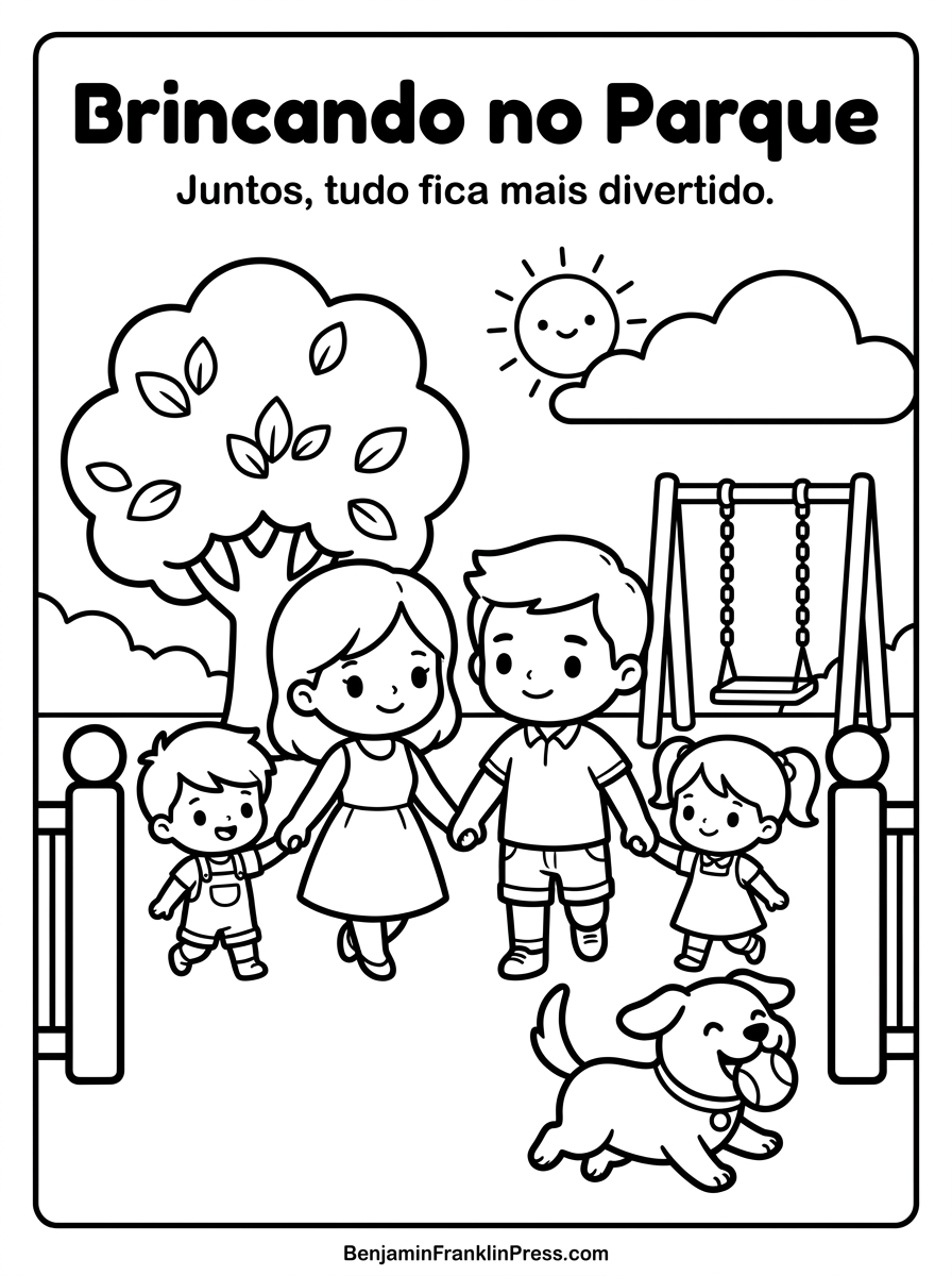 Desenho de família para colorir com traços grossos, família de mãos dadas caminhando para o parque com o cachorro