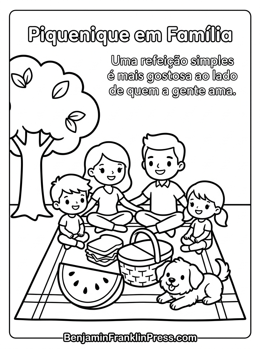 Desenho para colorir infantil de família fazendo piquenique numa toalha, com cesta e melancia, estilo chibi