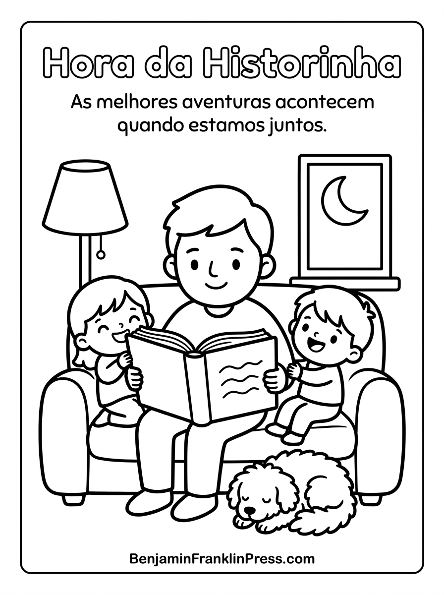  Desenho de família para colorir no sofá durante a hora da história, com livro aberto e cachorro de estimação