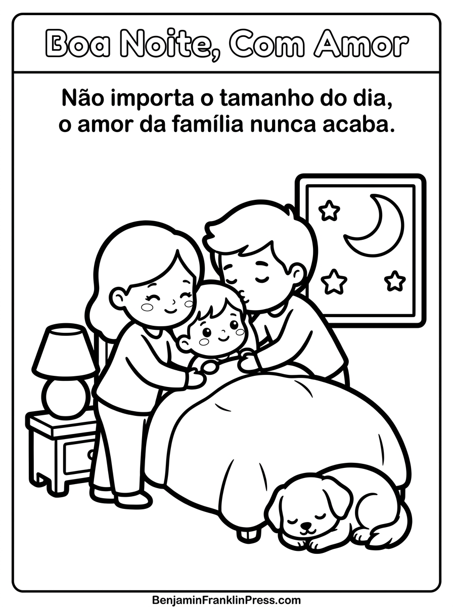 hora de dormir, pais dando boa-noite ao filho na cama, com lua e estrelas