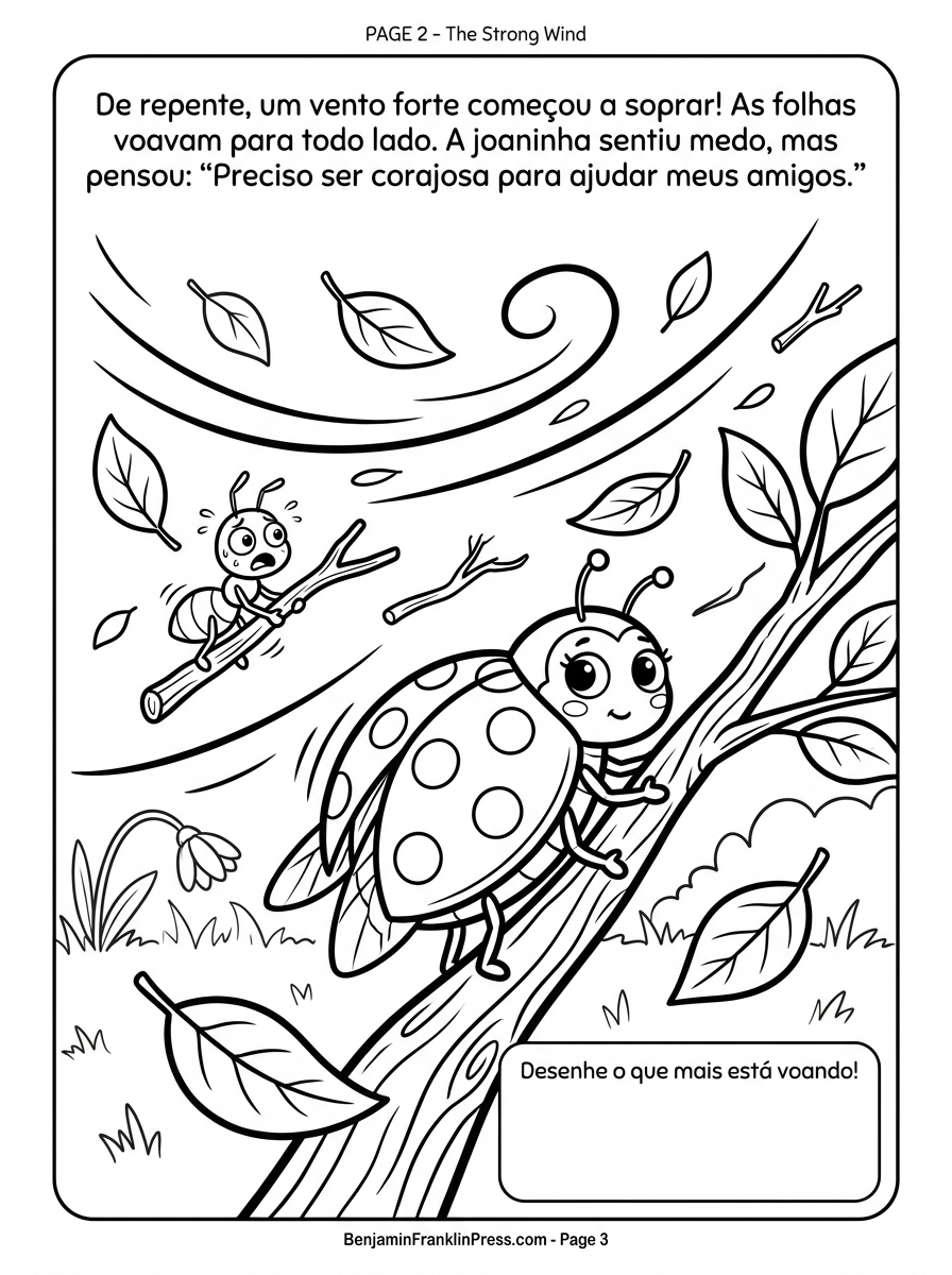 "Joaninha desenho para colorir enfrentando vento forte no jardim, página infantil"