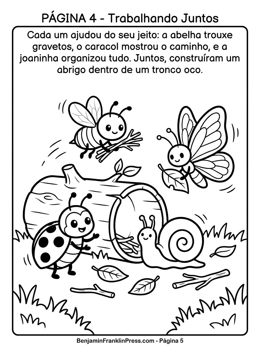 Desenho para colorir de joaninha e amigos construindo abrigo em tronco de árvore