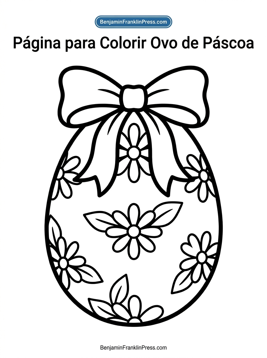 Desenho de ovo de páscoa para colorir decorado com flores e laço, ilustração em preto e branco para crianças