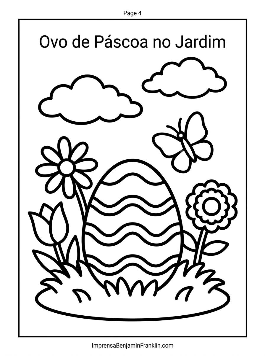 Ovo de páscoa para colorir em cenário de jardim com borboleta e flores, ilustração infantil em preto e branco