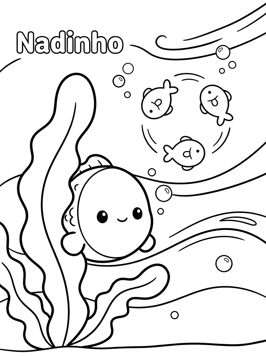 Desenho para colorir de peixinhos brincando no recife, atividade infantil para crianças de 5 anos