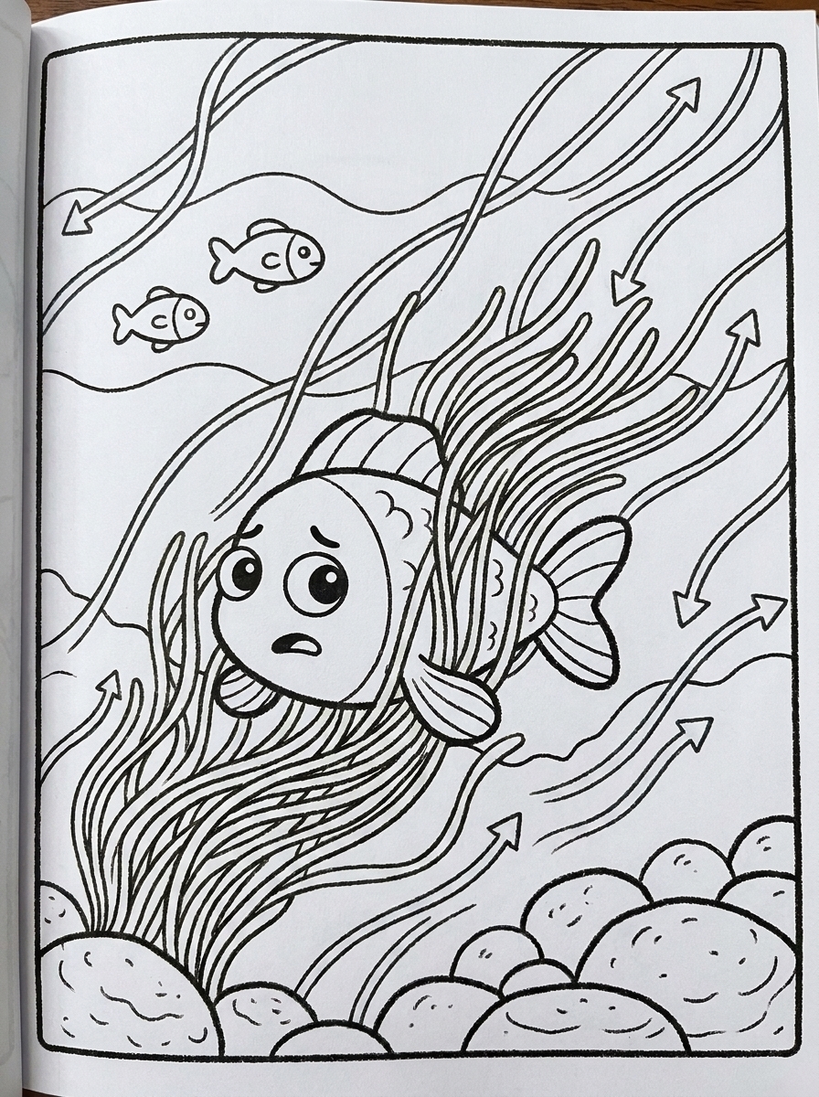 Desenho para colorir de peixinho preso na correnteza entre algas, atividade infantil para crianças de 6 anos