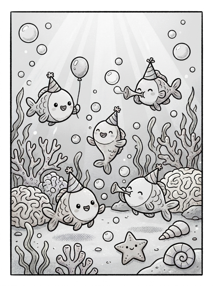 Desenho para colorir de festa no recife com peixinhos, corais e estrelas-do-mar, atividade infantil para crianças de 8 anos