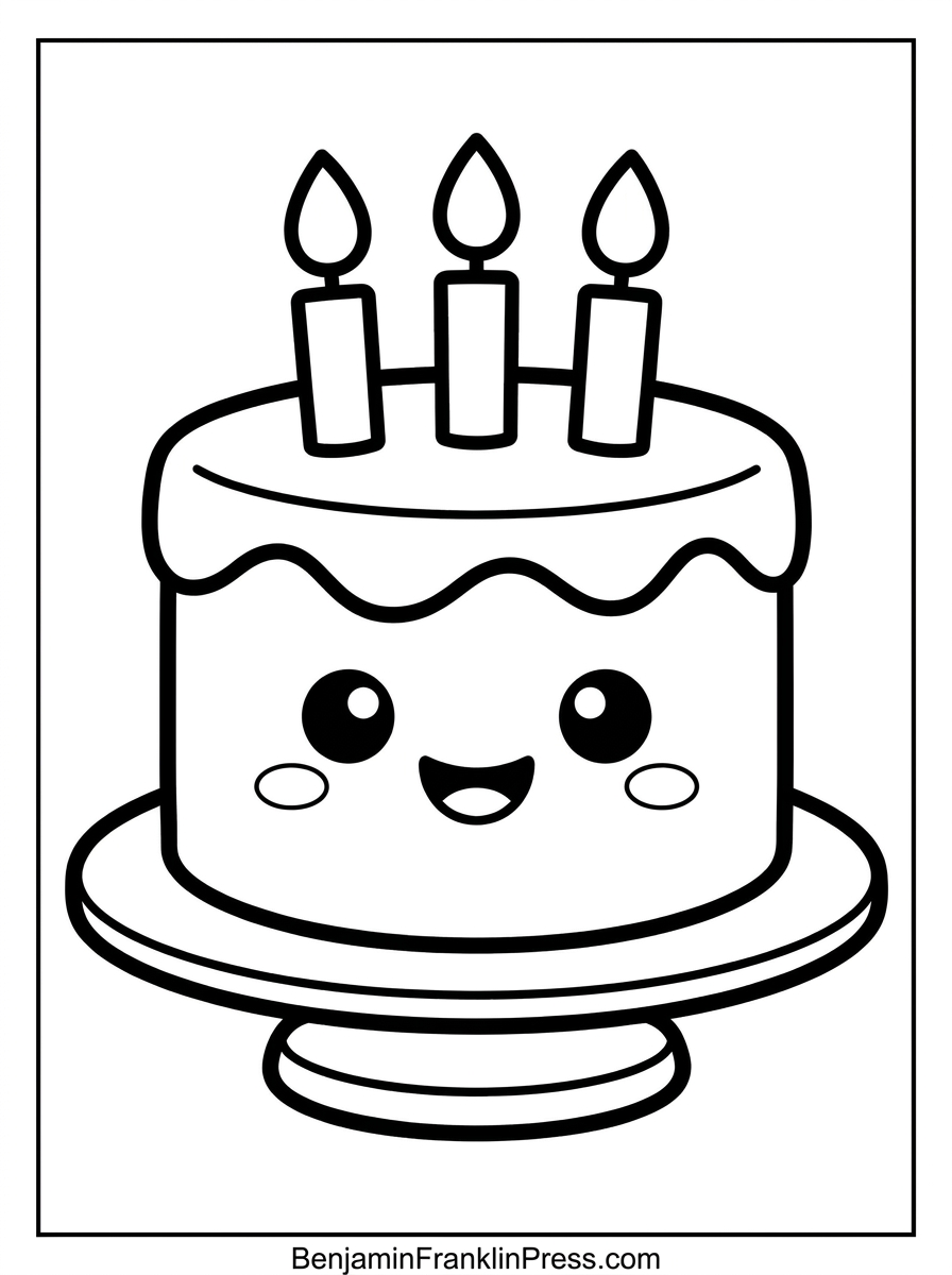 Desenho de bolo para colorir com carinha sorridente e três velinhas, ideal para crianças pequenas