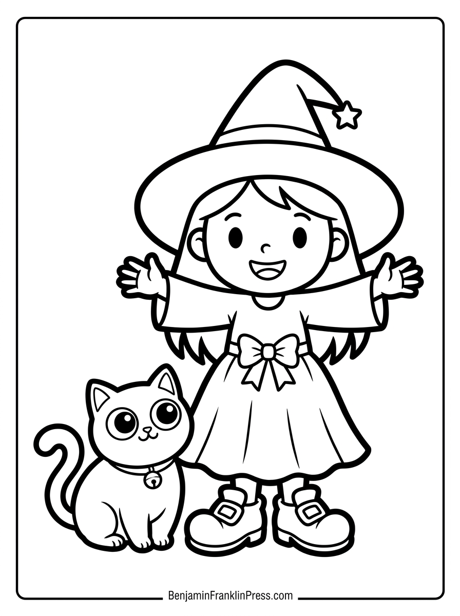 Bruxa para colorir infantil com gatinho fofo, desenho para imprimir grátis