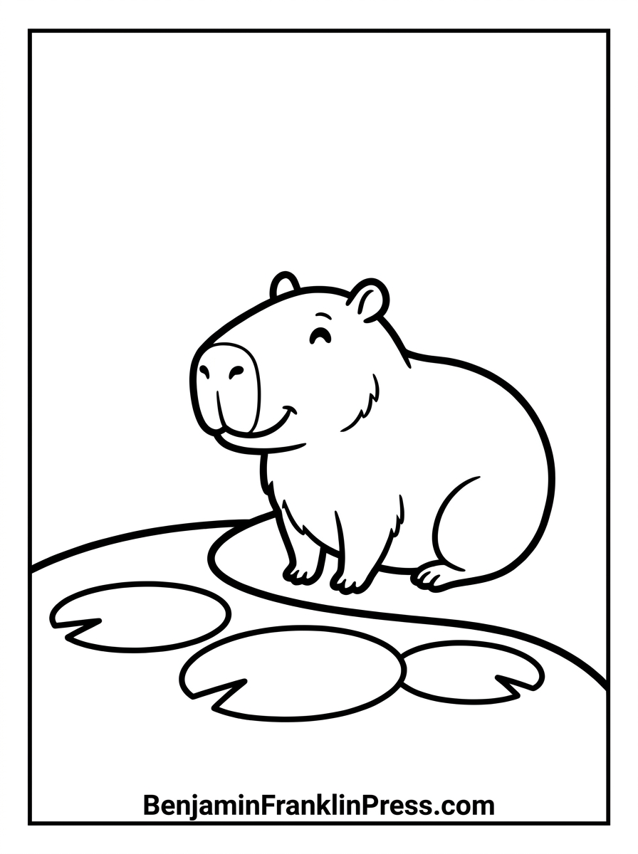 Desenho de floresta para colorir com capivara fofa sentada em vitórias-régias, traços grossos e simples para crianças pequenas imprimir e pintar.