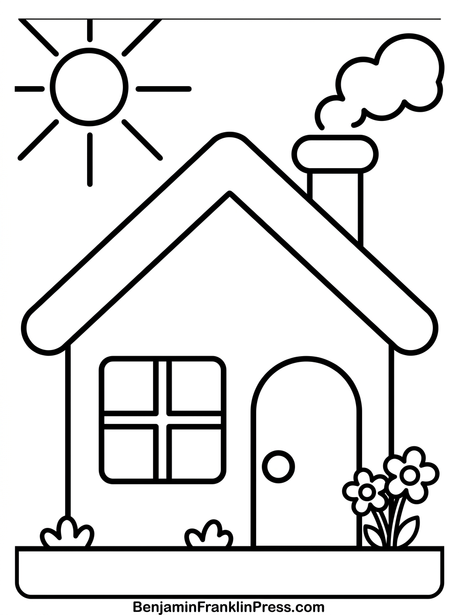 Desenho de casa para colorir simples, com telhado triangular, chaminé, janela e sol, ideal para crianças pequenas
