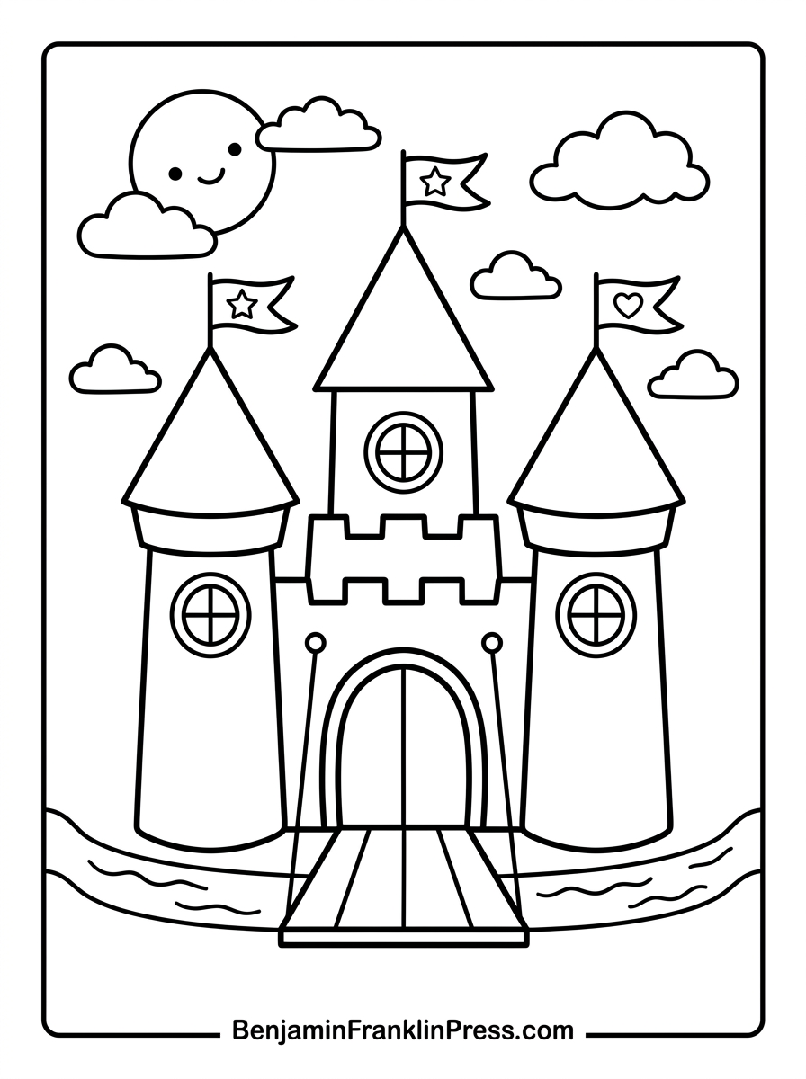 Castelo para colorir infantil com torres redondas, bandeiras e sol sorridente, desenho em preto e branco para imprimir