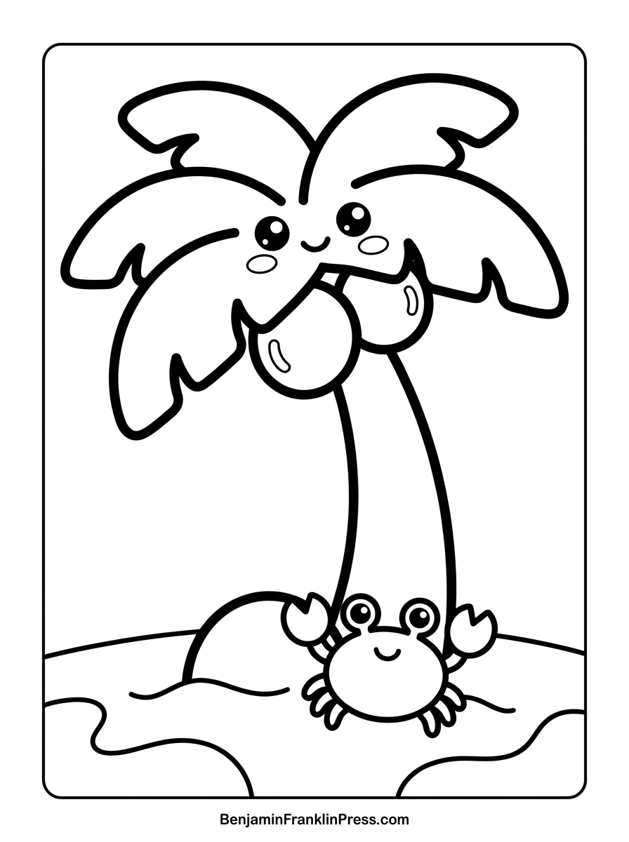 Desenho de árvores para colorir: coqueiro fofo estilo chibi com caranguejo, para imprimir grátis