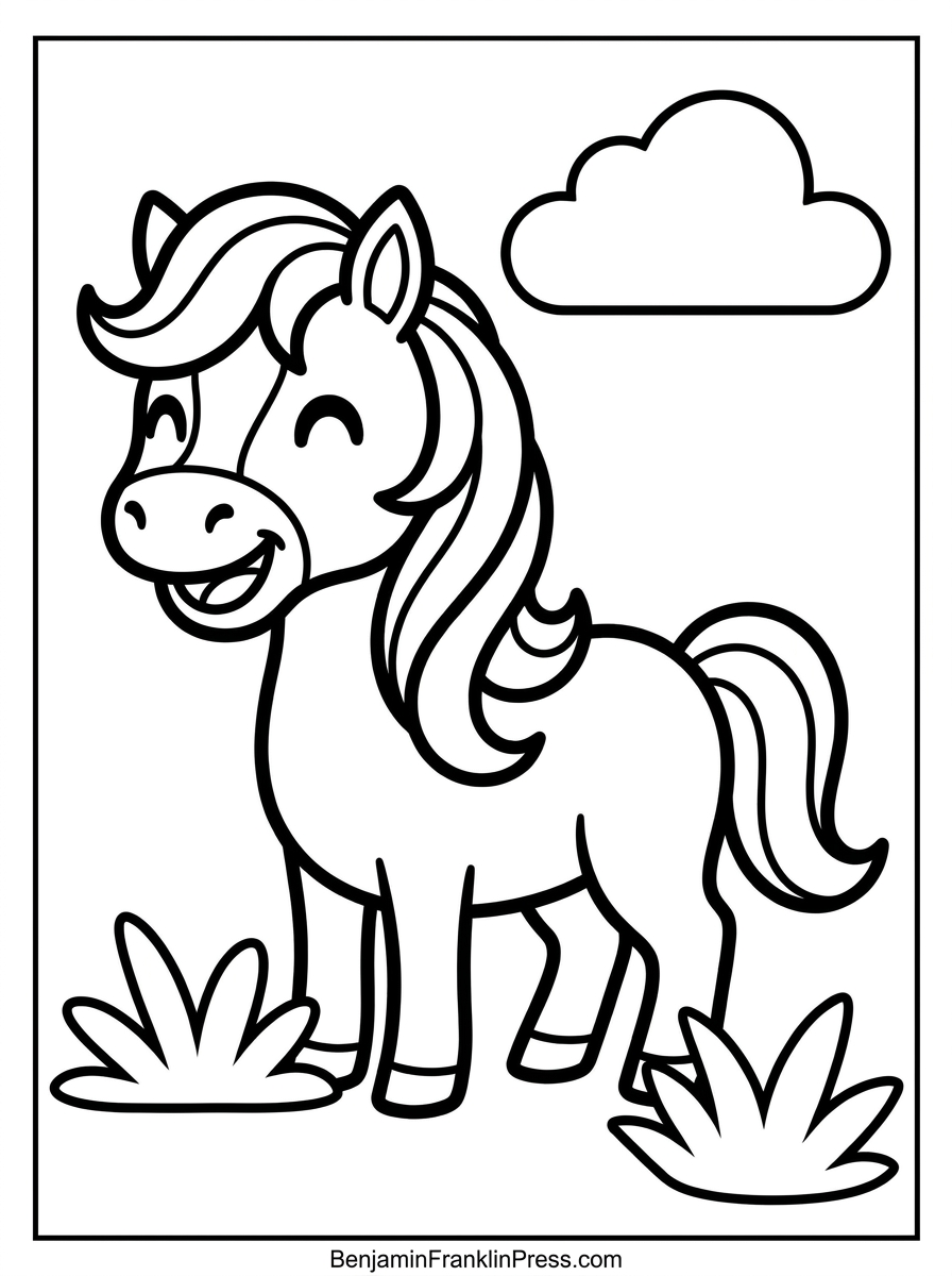 Desenho de cavalo para colorir - cavalinho fofo estilo chibi sorrindo, página para imprimir grátis