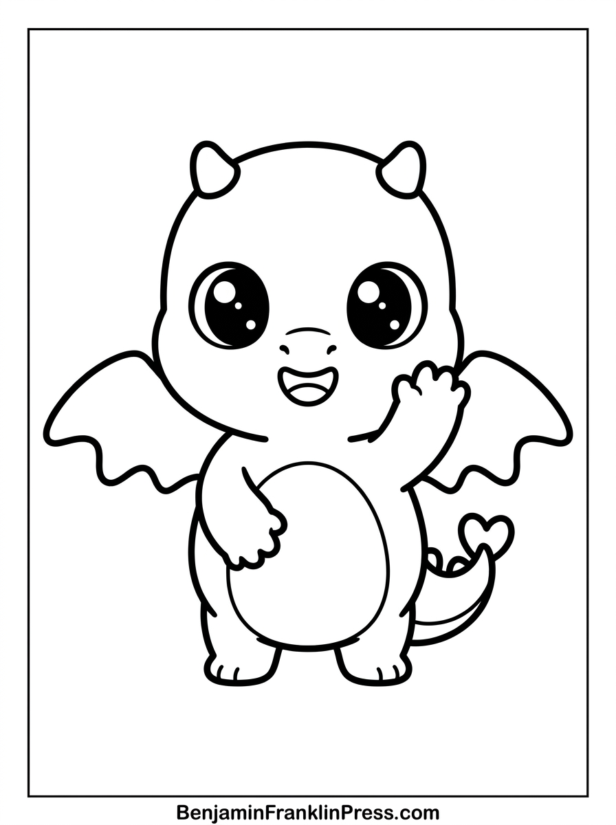 Desenho de dragão para colorir infantil, dragãozinho fofo estilo chibi acenando, ideal para crianças pequenas