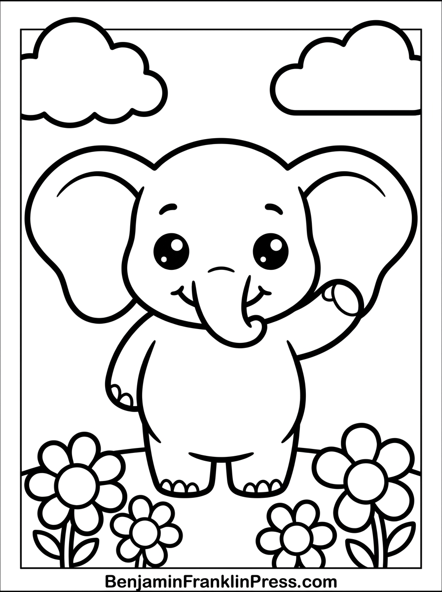 Desenho de elefante para colorir, elefantinho fofo acenando, ideal para crianças pequenas
