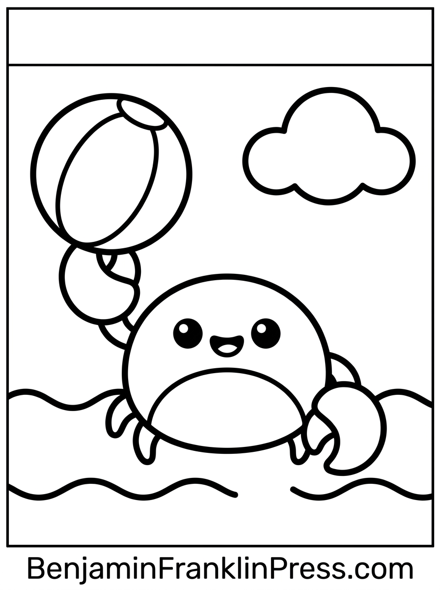 Desenho de praia para colorir com caranguejo fofo segurando bola de praia, ondas e nuvem ao fundo