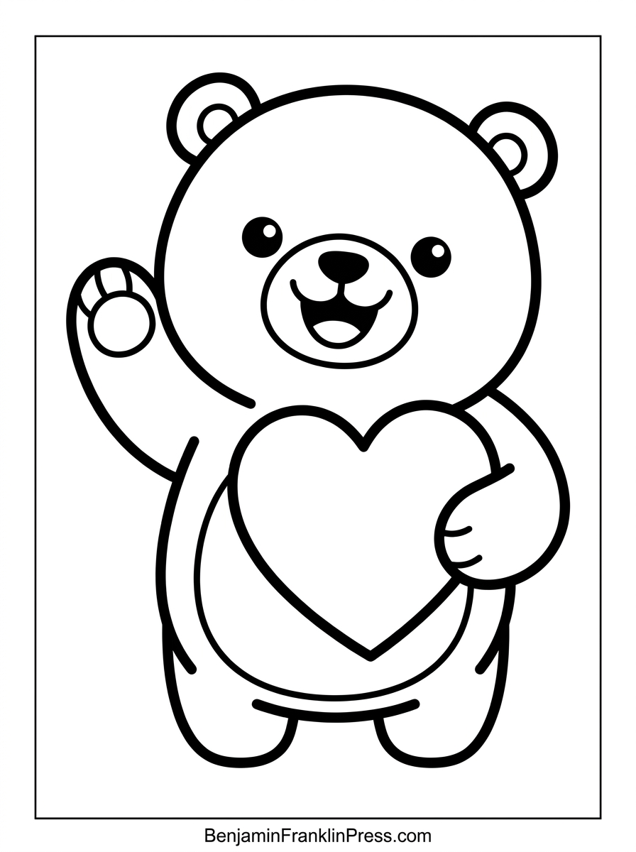 Urso para colorir feliz acenando e segurando um coração, desenho para imprimir