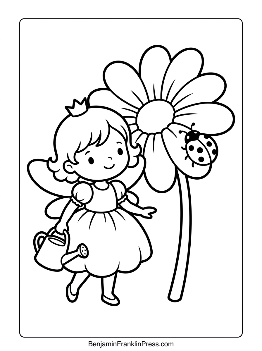Fadinha para colorir no jardim ao lado de uma flor gigante e uma joaninha, desenho infantil com traços grossos